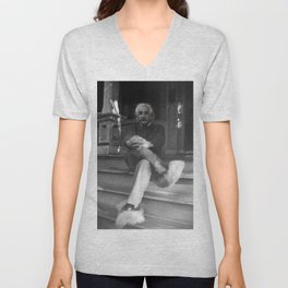 Funny Einstein in Fuzzy Slippers Classic Black and White Satirical Photography - Photographs V Neck T Shirt