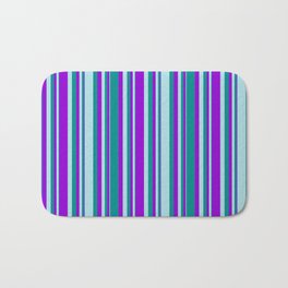[ Thumbnail: Dark Violet, Dark Cyan, and Powder Blue Colored Lines/Stripes Pattern Bath Mat ]