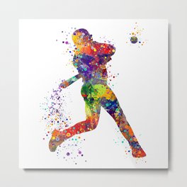 Boy Baseball Batter Colorful Watercolor Metal Print