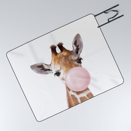 Baby Giraffe Blowing Bubble Gum, Pink Nursery, Baby Animals Art Print by Synplus Picnic Blanket