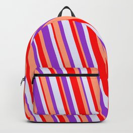 [ Thumbnail: Red, Lavender, Dark Orchid & Light Salmon Colored Pattern of Stripes Backpack ]