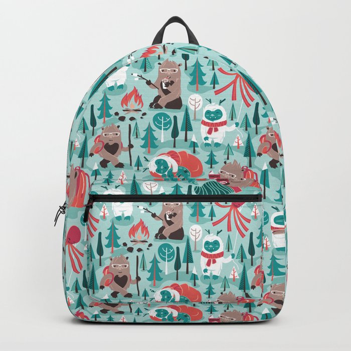 Besties // aqua background white Yeti brown Bigfoot teal and mint trees red and coral details Backpack