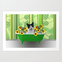 Black and white cat in Bathtub with sunflowers #sunflower Art Print
