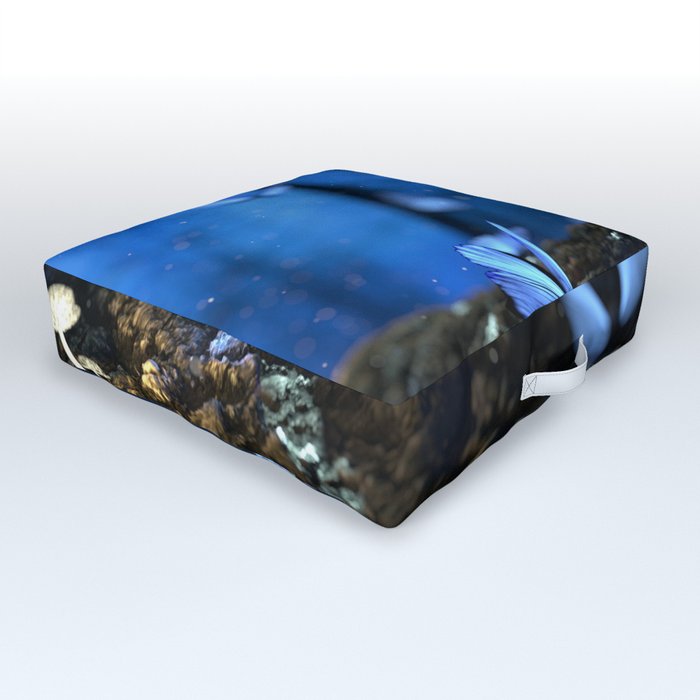 Fantasy bleu butterfly in the woods Outdoor Floor Cushion