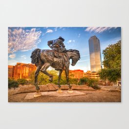 Bronze Cowboy And Vibrant Morning Light In Dallas Pioneer Plaza Canvas Print