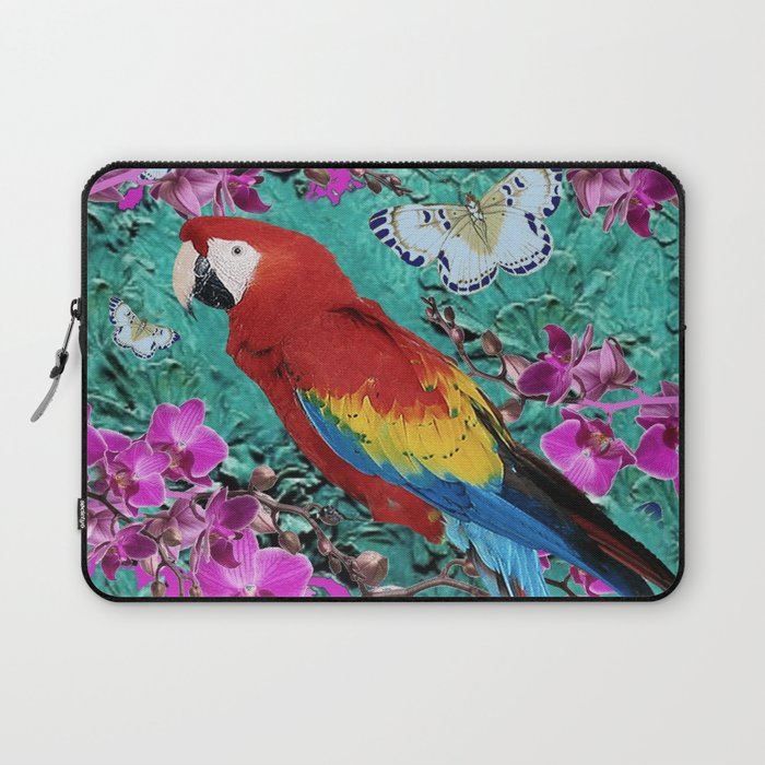 TROPICAL ORCHIDS RED MACAW PARROT JUNGLE ART Laptop Sleeve