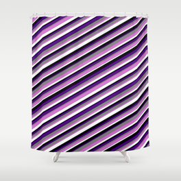 [ Thumbnail: Vibrant Gray, Orchid, White, Black & Indigo Colored Stripes/Lines Pattern Shower Curtain ]