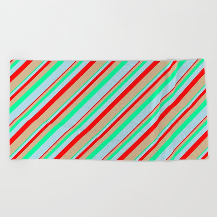 Red, Tan, Green, and Light Blue Colored Lines Pattern Beach Towel