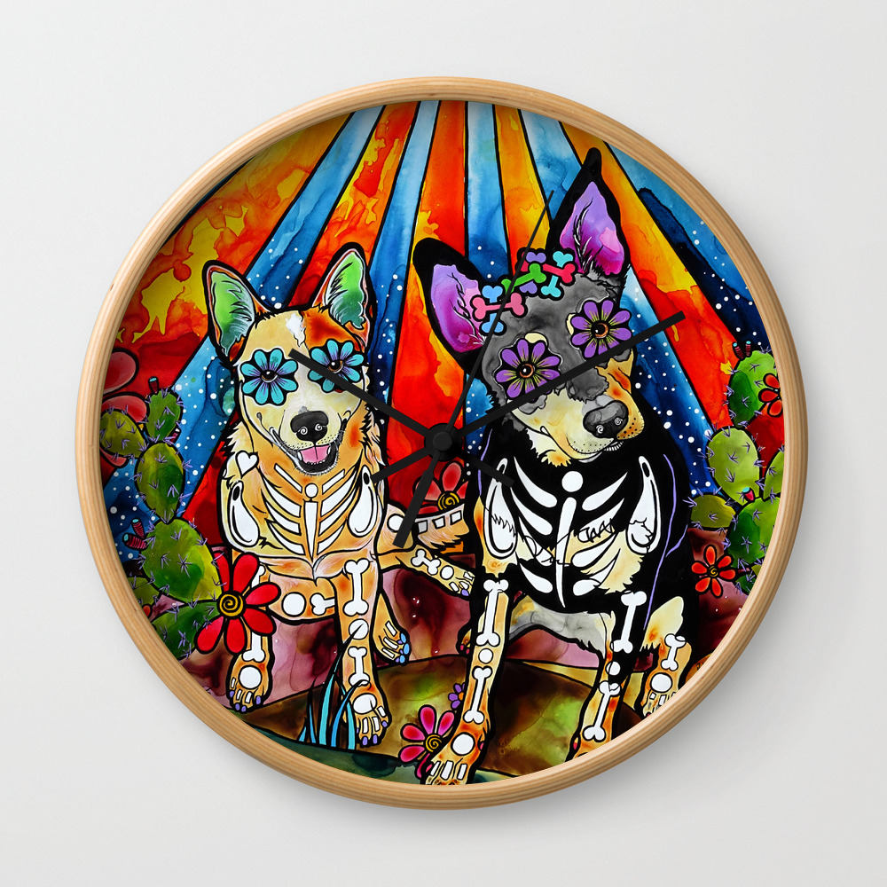 Australian Cattle Dog Sugar Skull Painting Wall Clock By Robiniart