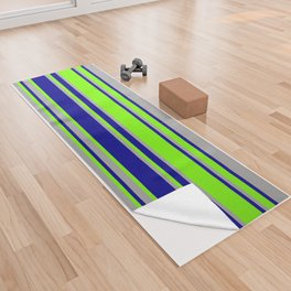 [ Thumbnail: Green, Dark Grey & Dark Blue Colored Lines/Stripes Pattern Yoga Towel ]