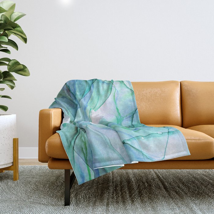 Aqua Turquoise Teal Abstract Ink Painting Throw Blanket