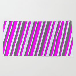 [ Thumbnail: Dim Gray, Fuchsia, and Lavender Colored Striped/Lined Pattern Beach Towel ]