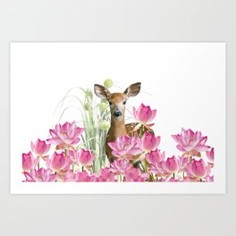 little Deer in lotos Flower Field Art Print