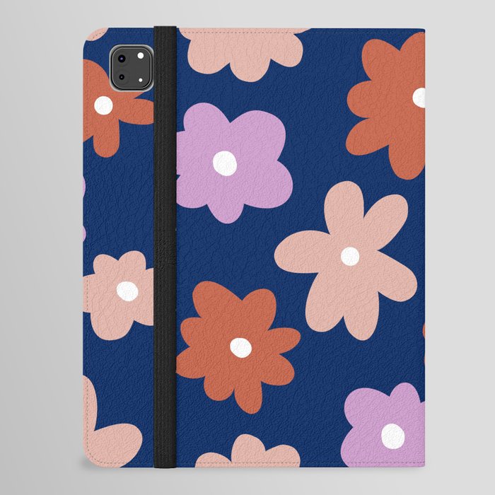 Retro Flowers Lilac, Burnt Orange, Light Pink with Dark Blue Background iPad Folio Case