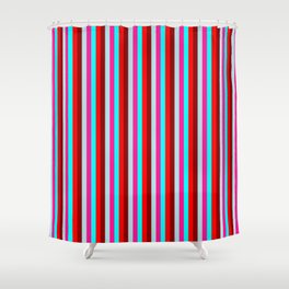 [ Thumbnail: Eye-catching Dark Red, Powder Blue, Deep Pink, Aqua, and Red Colored Lined Pattern Shower Curtain ]