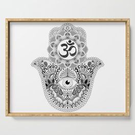 Fatimas Hamsa Hand Symbol with Om Sign Mandala Serving Tray