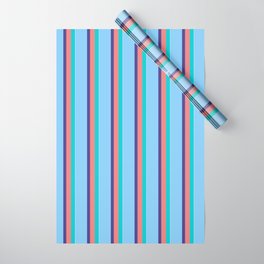 [ Thumbnail: Dark Turquoise, Light Coral, Dark Slate Blue, Light Sky Blue & White Colored Pattern of Stripes Wrapping Paper ]