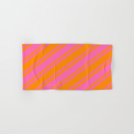 [ Thumbnail: Dark Orange & Hot Pink Colored Striped/Lined Pattern Hand & Bath Towel ]