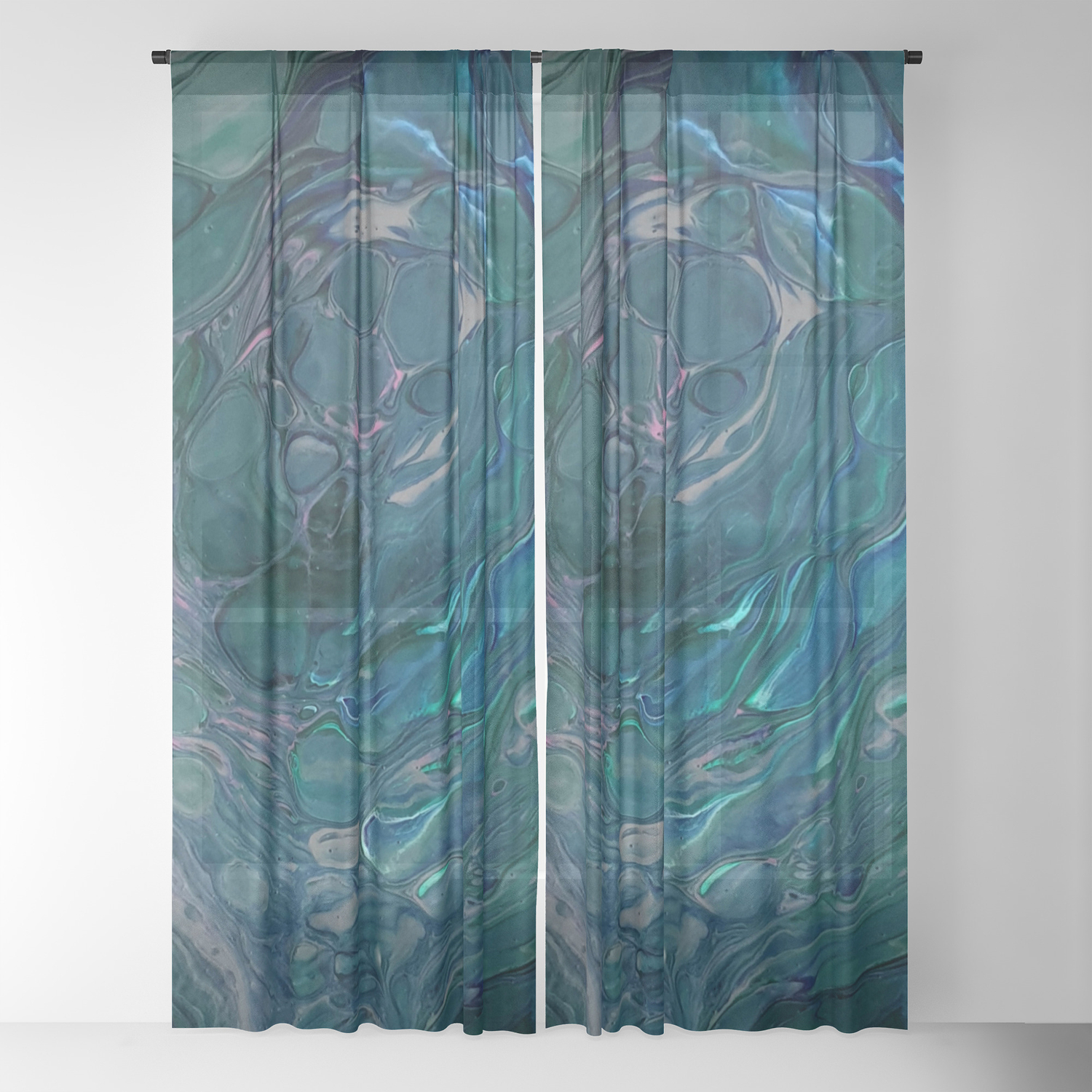 Unseen Dark Teal Acrylic Pour Abstract Art Sheer Curtain By