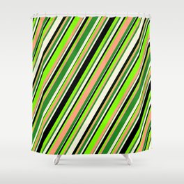 [ Thumbnail: Eyecatching Chartreuse, Light Salmon, Forest Green, Beige & Black Colored Striped/Lined Pattern Shower Curtain ]