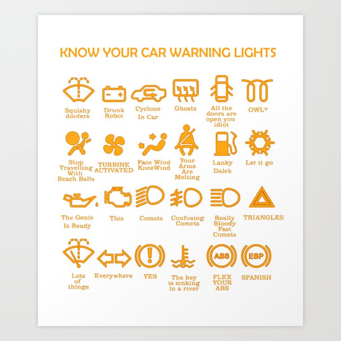 know your car warning lights, very funny, original car dashboard Art Print  by MYSUNLIFE
