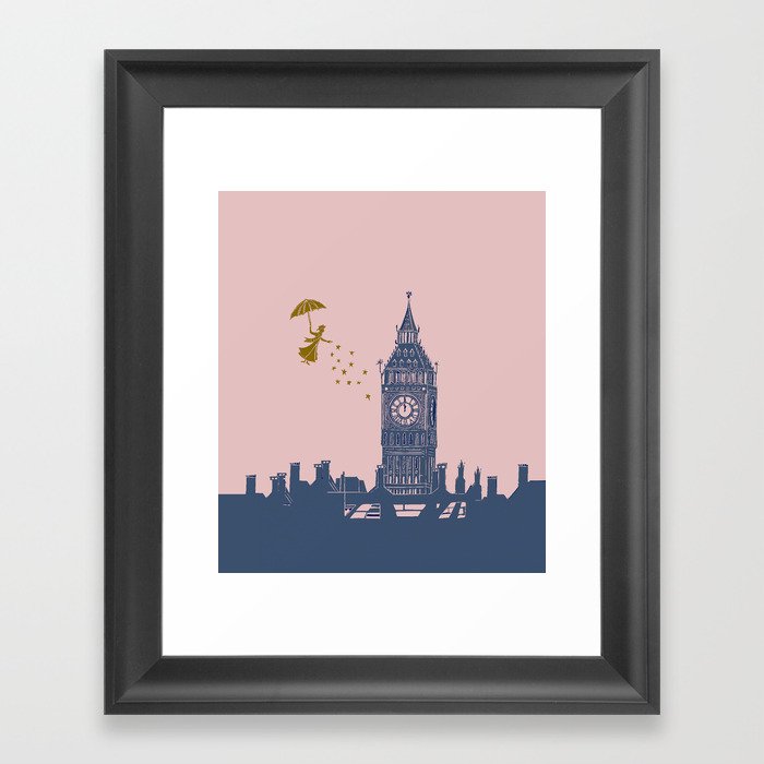 Mary Poppins and Big Ben in Pink and Blue Framed Art Print