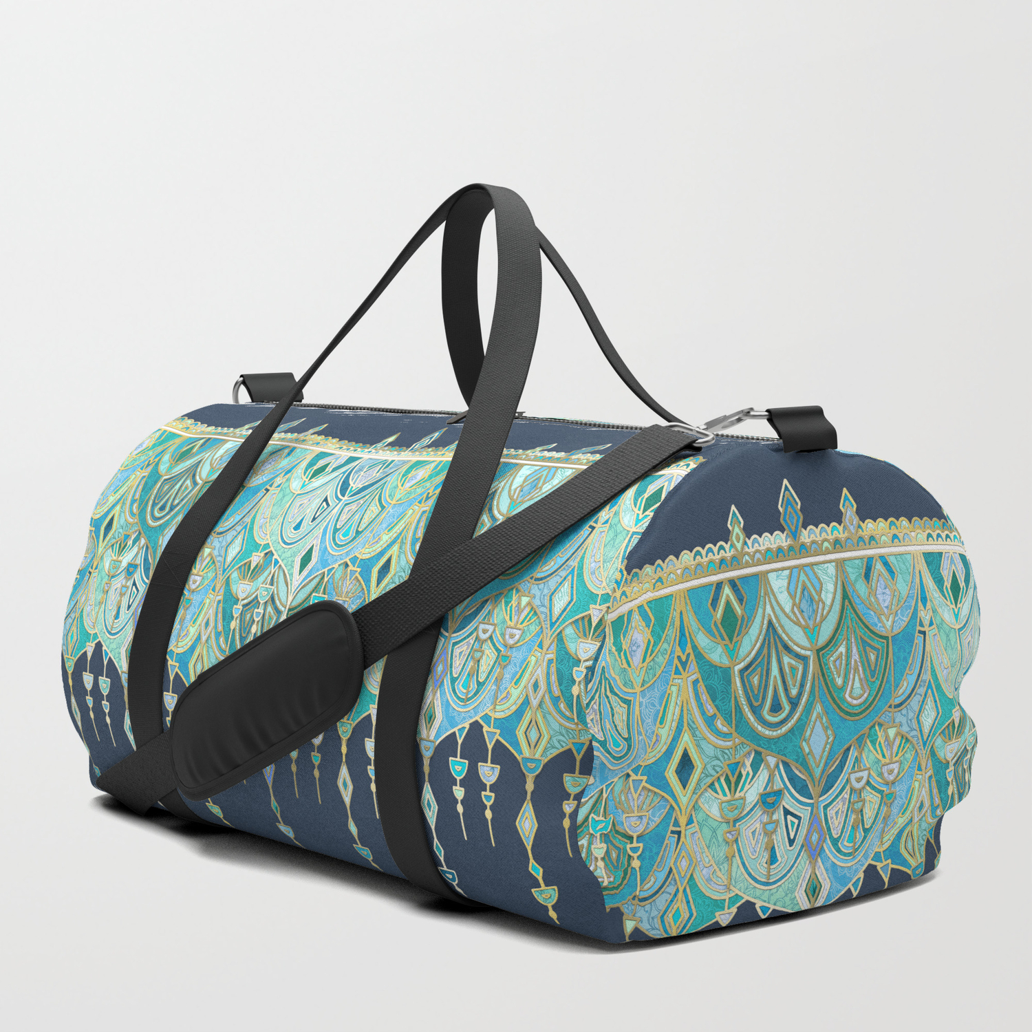 Art Deco Double Drop In Blues And Greens Duffle Bag By Micklyn