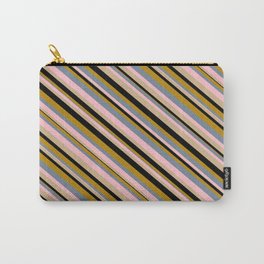 [ Thumbnail: Vibrant Light Slate Gray, Pink, Tan, Black, and Dark Goldenrod Colored Lined Pattern Carry-All Pouch ]