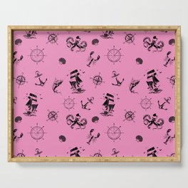 Pink And Black Silhouettes Of Vintage Nautical Pattern Serving Tray