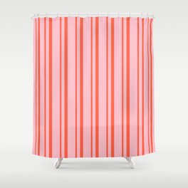[ Thumbnail: Pink and Red Colored Pattern of Stripes Shower Curtain ]