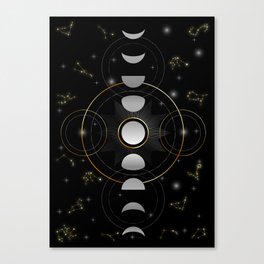 Constellations Moon phases stars and galaxy in night sky Canvas Print