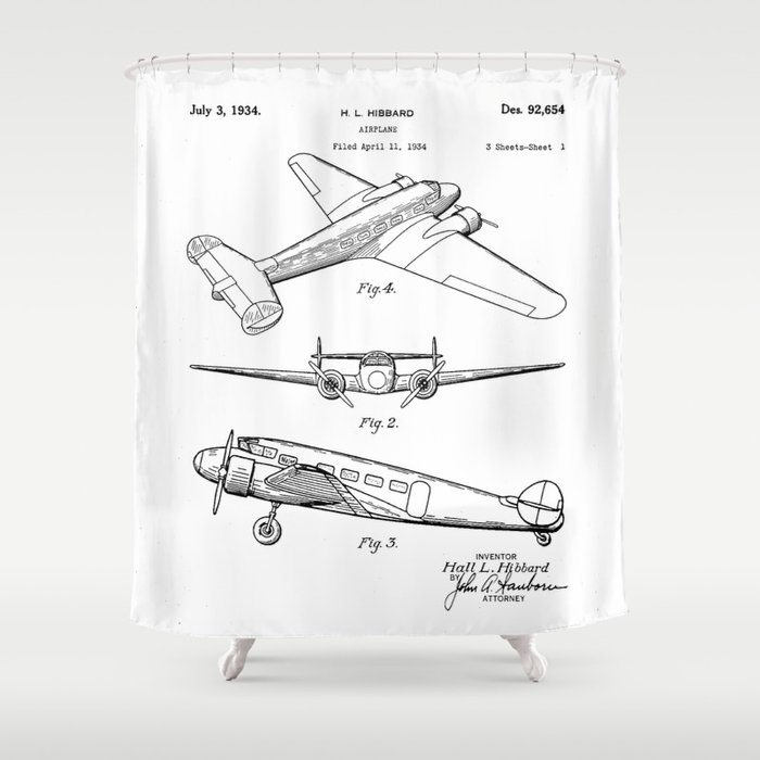 Lockheed Airplane Patent - Electra Aeroplane Art - Black And White Shower Curtain
