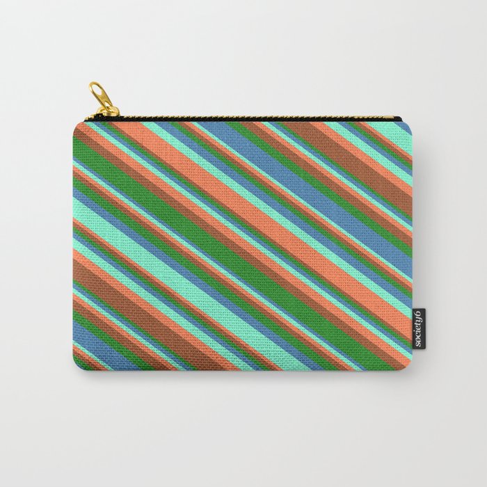 Aquamarine, Coral, Sienna, Forest Green, and Blue Colored Lined/Striped Pattern Carry-All Pouch