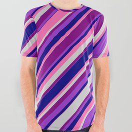 [ Thumbnail: Eye-catching Purple, Dark Orchid, Blue, Hot Pink & Light Grey Colored Lined Pattern All Over Graphic Tee ]