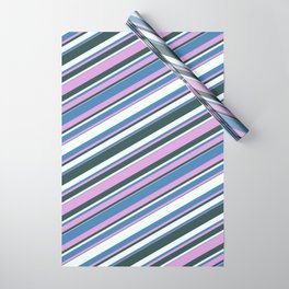 [ Thumbnail: Blue, Plum, Dark Slate Gray, and Mint Cream Colored Lined/Striped Pattern Wrapping Paper ]