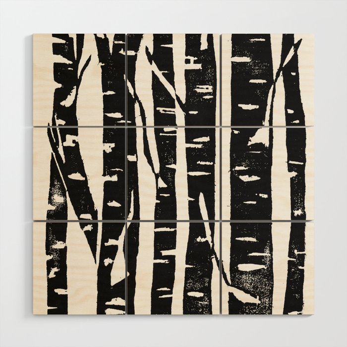 Woodcut Birches Black Wood Wall Art