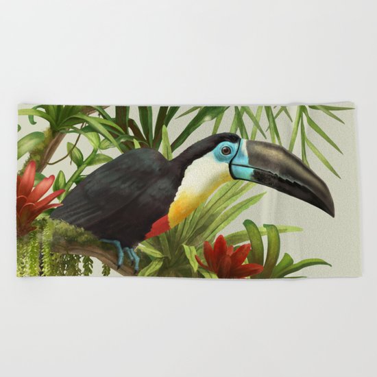 Channel- billed toucan vintage illustration. Beach Towel