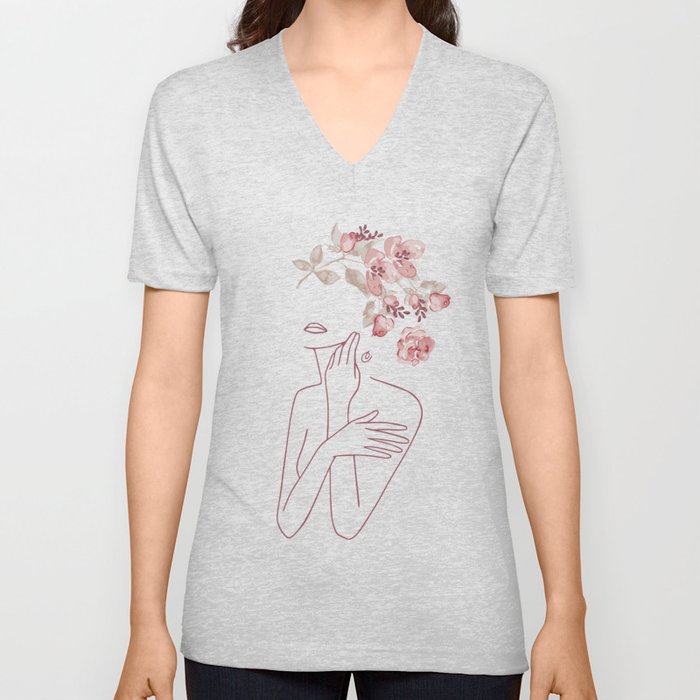 Minimal Line Art Woman With Watercolor Flowers V Neck T Shirt