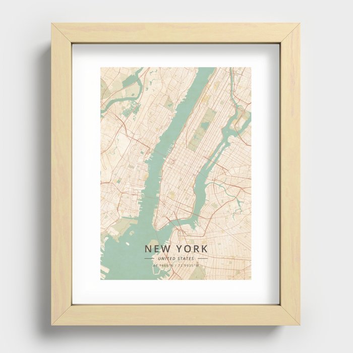 New York, United States - Vintage Map Recessed Framed Print