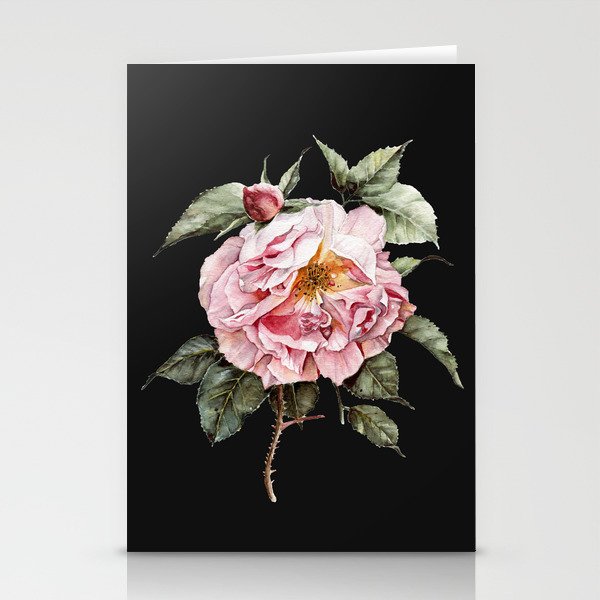 Wilting Pink Rose Watercolor on Charcoal Black Stationery Cards