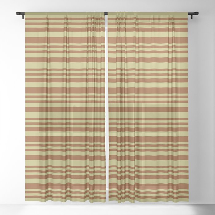 Dark Khaki & Brown Colored Striped Pattern Sheer Curtain