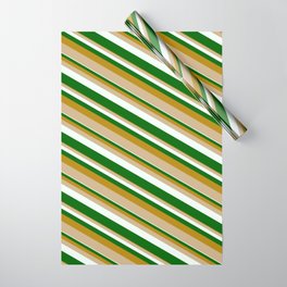 [ Thumbnail: Dark Goldenrod, Tan, Mint Cream & Dark Green Colored Lined/Striped Pattern Wrapping Paper ]