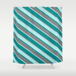 [ Thumbnail: Turquoise, Dark Cyan, and Gray Colored Lines Pattern Shower Curtain ]