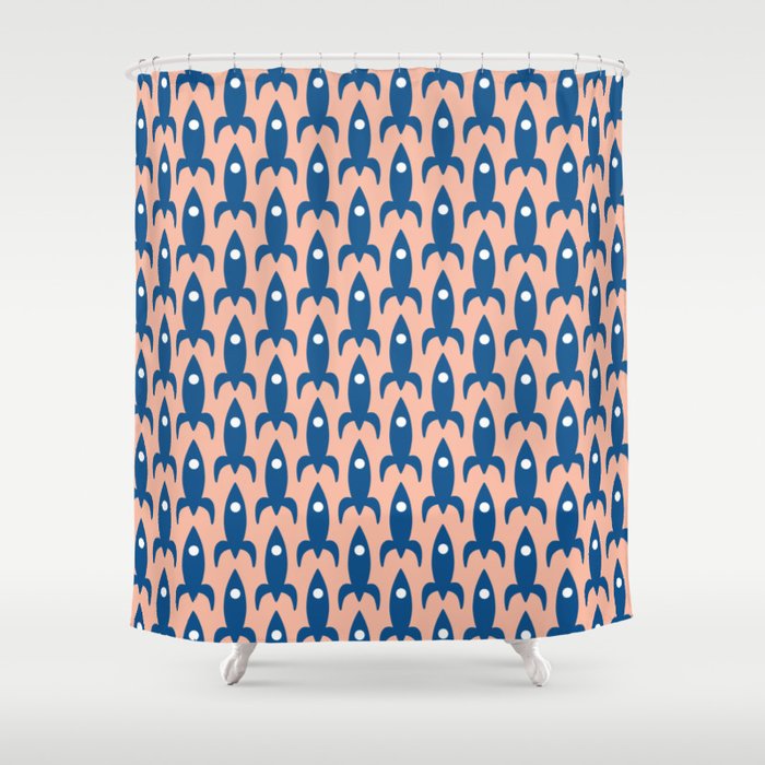 Atomic Age Rockets - Mid-Century Modern Space Age Rocket Pattern in Blue and Blush Pink Shower Curtain