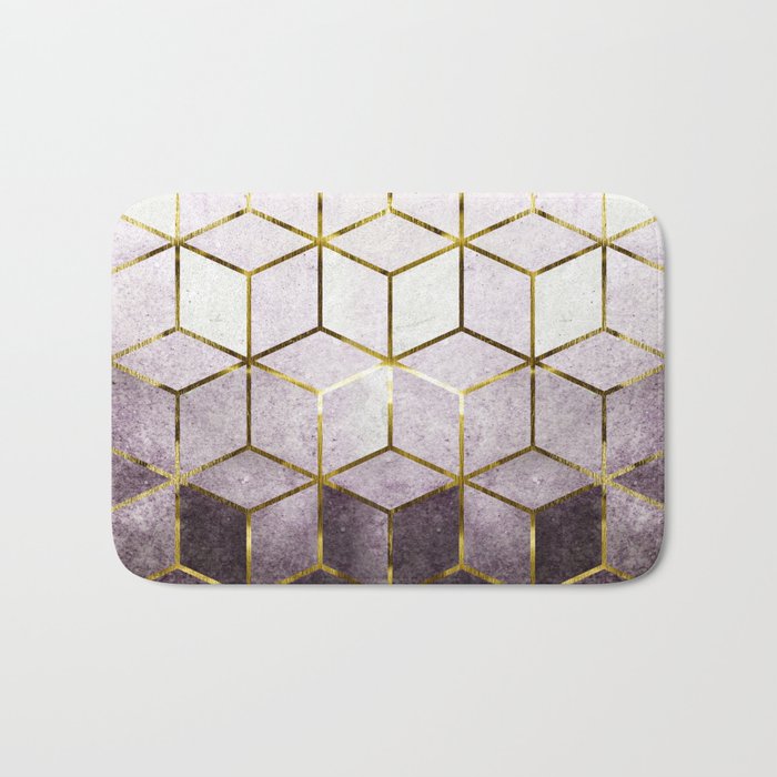 Elegant Geometric Purple Cubes with Gold Lining Bath Mat
