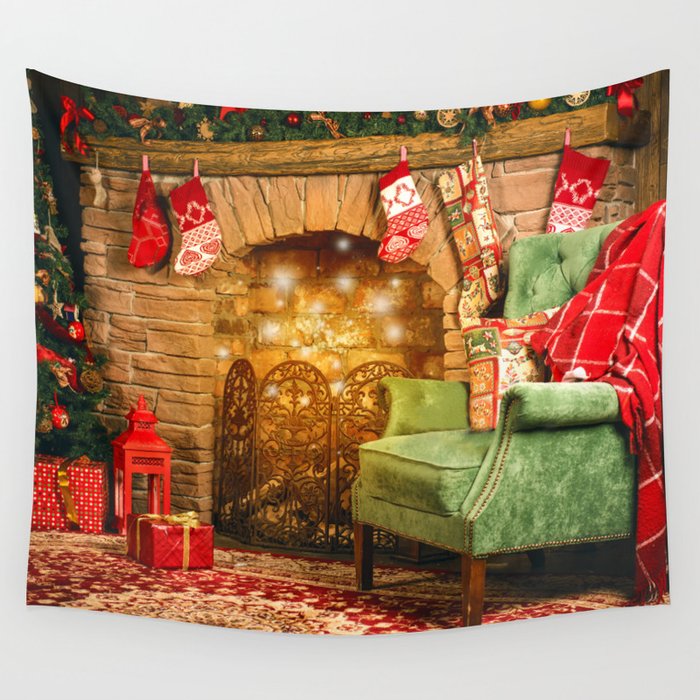 Christmas interior room fireplace, Christmas tree, green chair with a red blanket and gifts Wall Tapestry