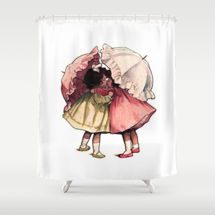 Vintage Children Girls With Umbrellas Shower Curtain By Saravalor