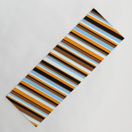 [ Thumbnail: Vibrant Brown, Light Sky Blue, Mint Cream, Dark Orange & Black Colored Stripes/Lines Pattern Yoga Mat ]
