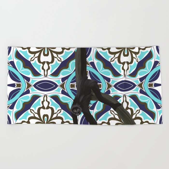 Hanging spider monkey on blue pattern Beach Towel