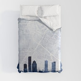Houston Skyline & Map Watercolor Navy Blue, Print by Zouzounio Art Comforter